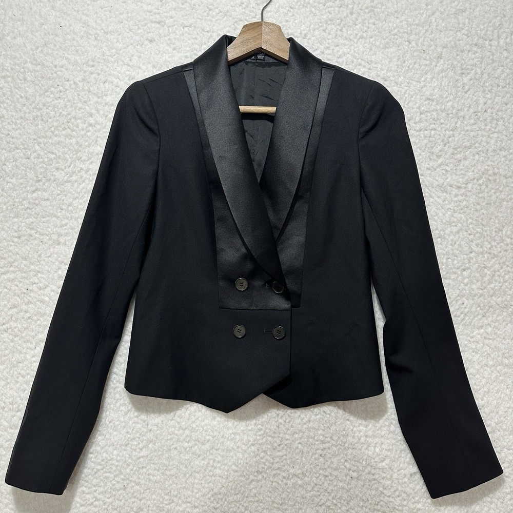 Theory Cornow Tailor Wool Blend Black Women's Crop Double Breasted Blazer Size 2